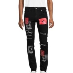 FWRD Denim Jeans Black Red Bandana Patch Slim Fit‎ Alt Y2K Revival Edgy Size 36